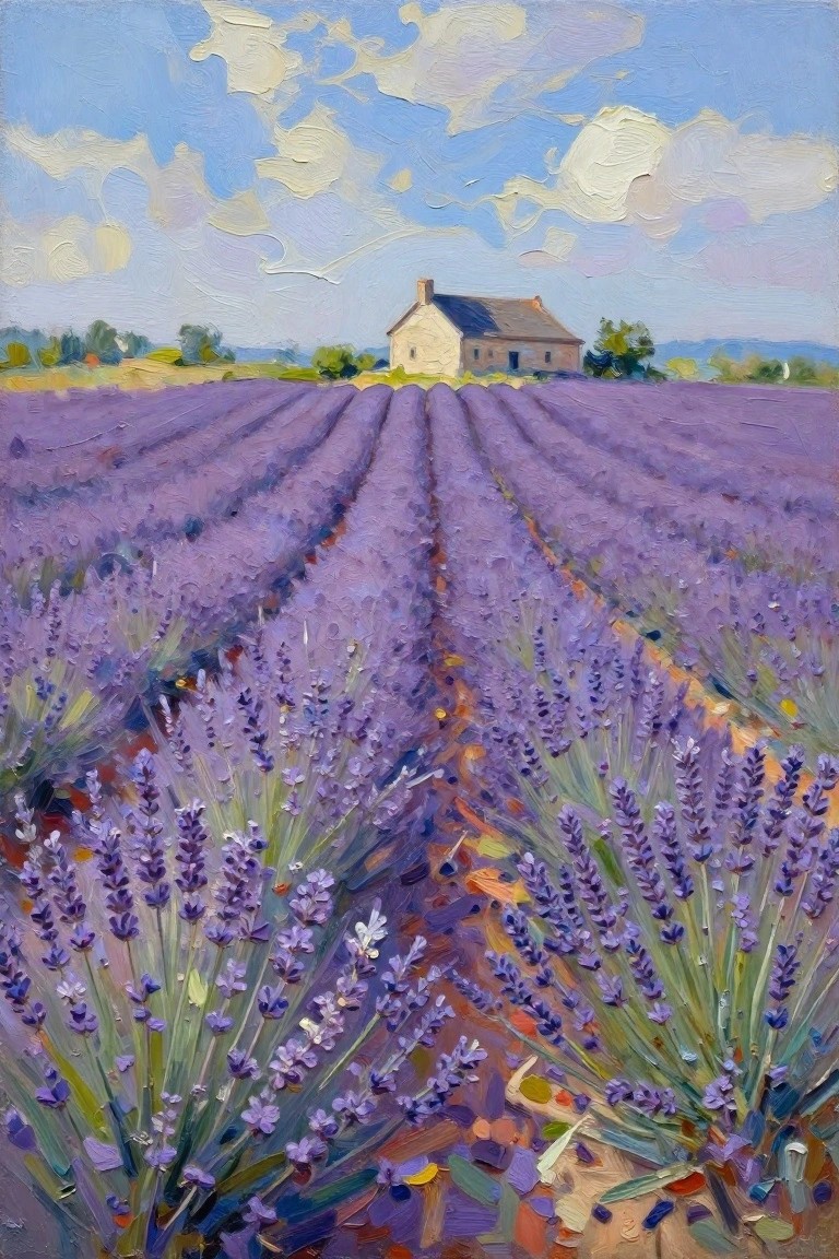 An oil painting of a lavender field with rows leading to a small house under a blue sky.