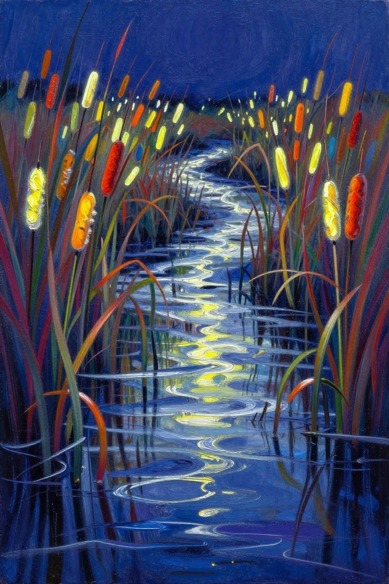 Colorful glowing cattails line a winding stream with rippling yellow reflections at night.