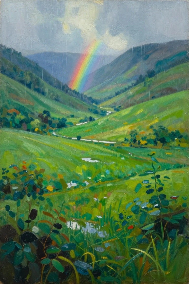 Vibrant rainbow arches over rainy green hills and winding valley with wildflowers