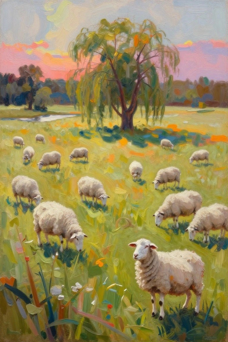 Sheep grazing in a green field beneath a tree against a colorful sunset sky.
