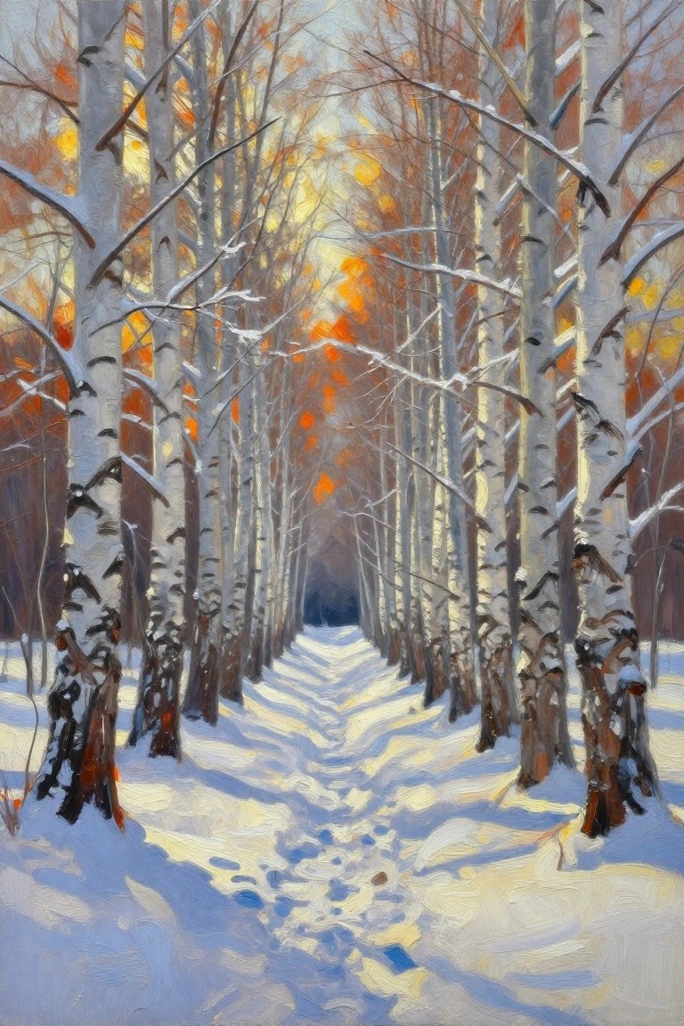 A painting of a snow-covered path winding through tall white birch trees with orange leaves visible in the distance.