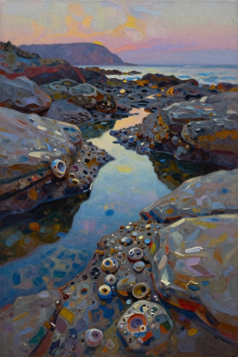 Rocky tide pools reflecting vibrant sunset colors along a colorful shoreline