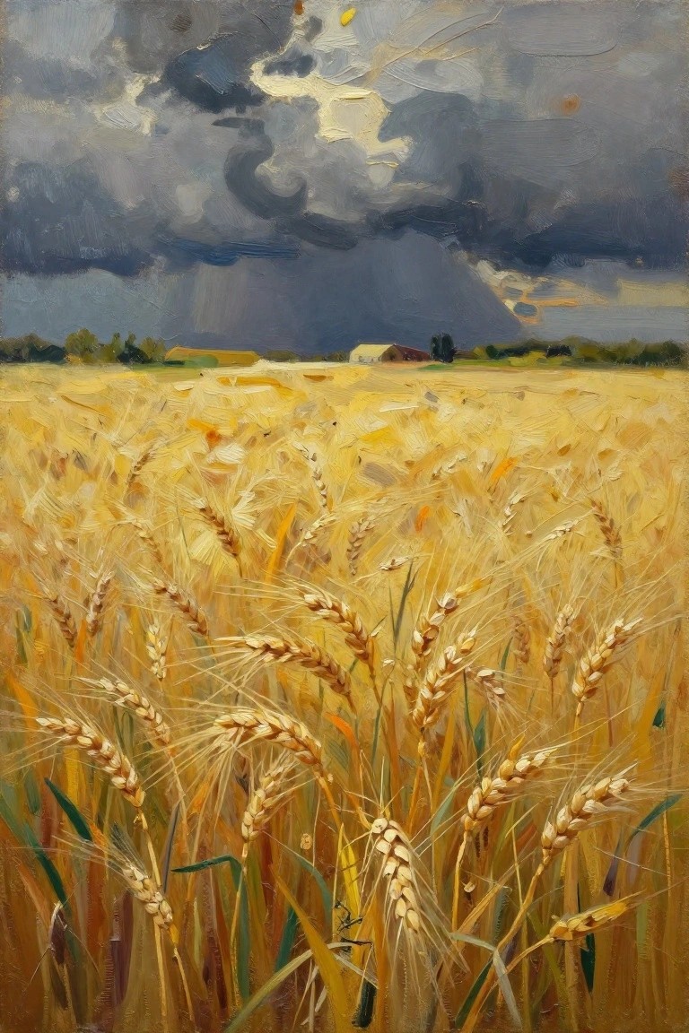 Golden wheat field under dark stormy clouds with distant farm buildings in oil painting style