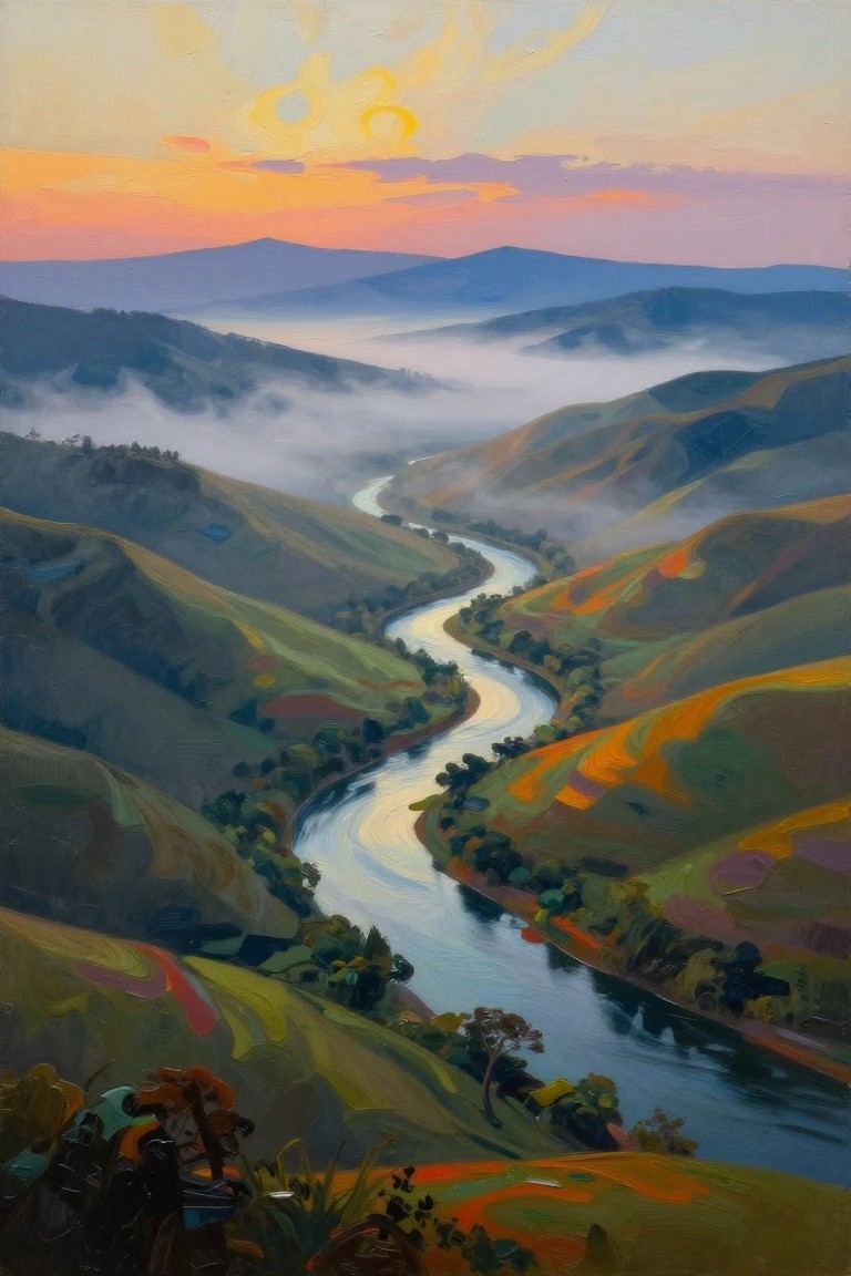 Vibrant painting of winding river through colorful misty hills at sunset