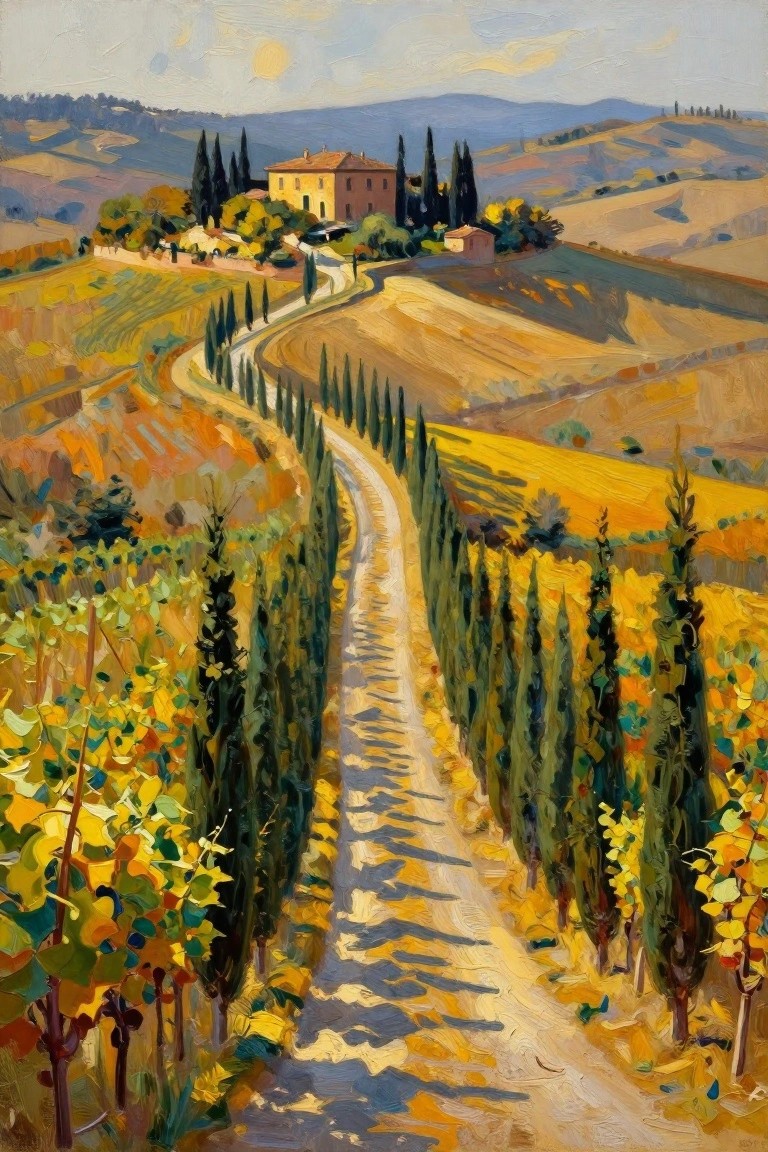 Winding road through vibrant vineyards lined with cypress trees toward a hillside villa.
