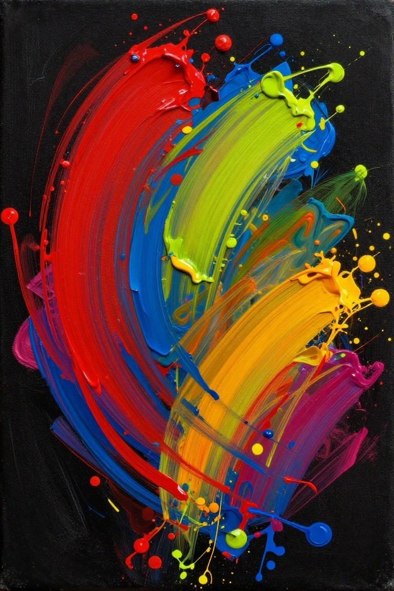 Abstract painting on black canvas with bold curved strokes of red, blue, yellow, green, purple, and orange plus scattered paint splatters.