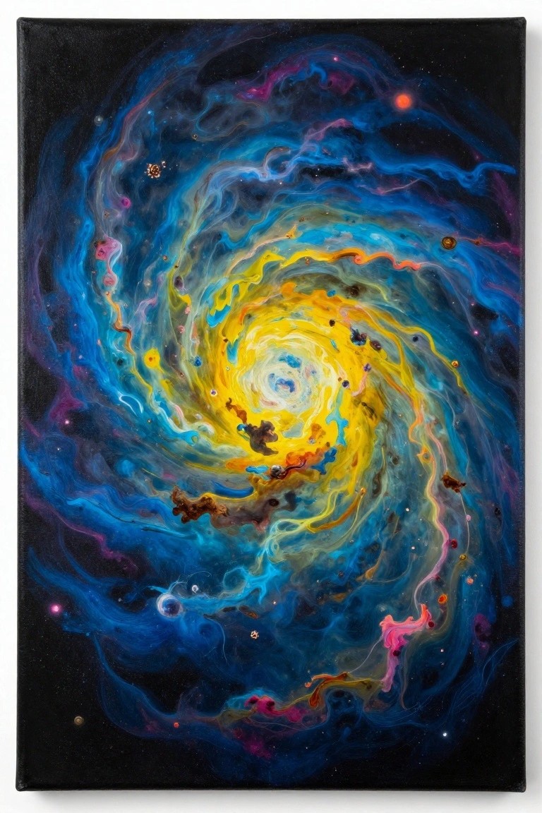 Vibrant swirling spiral galaxy in blues, yellows, and pinks on black space background
