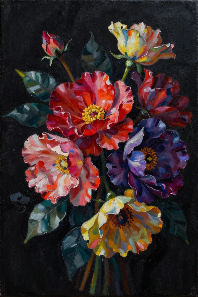 A painting of a bouquet of colorful flowers including red, purple, yellow, and pink blooms with green leaves against a black background.