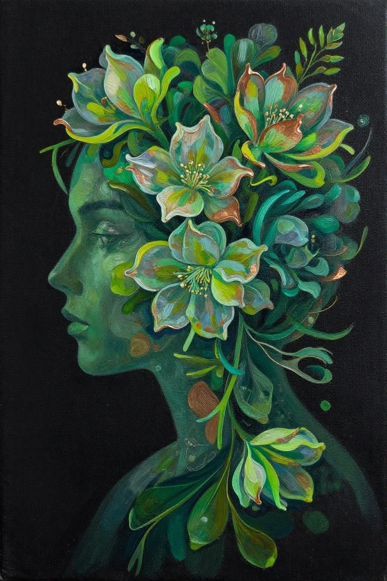 A green-toned woman's profile with large colorful flowers growing from her head and neck against a black background.
