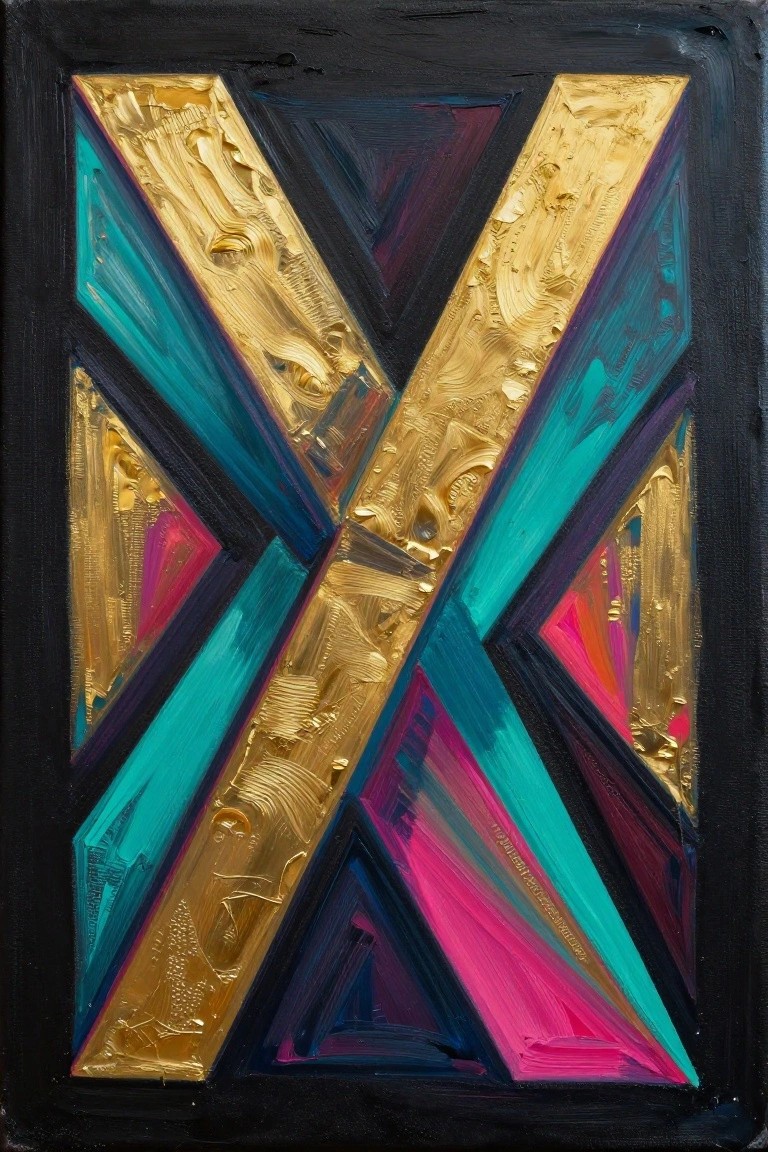Abstract painting with bold X of thick gold, teal, pink, purple brushstrokes on black.