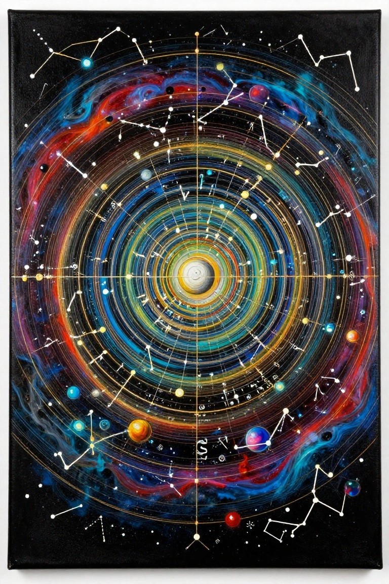 Colorful cosmic painting with concentric orbital rings, planets, nebulae, and constellation lines on black.