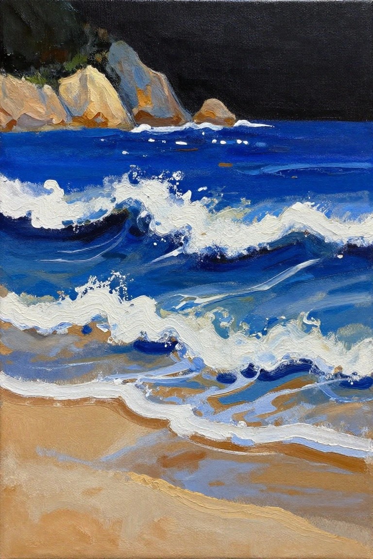 Blue ocean waves with white foam crashing onto sandy beach near rocky cliffs