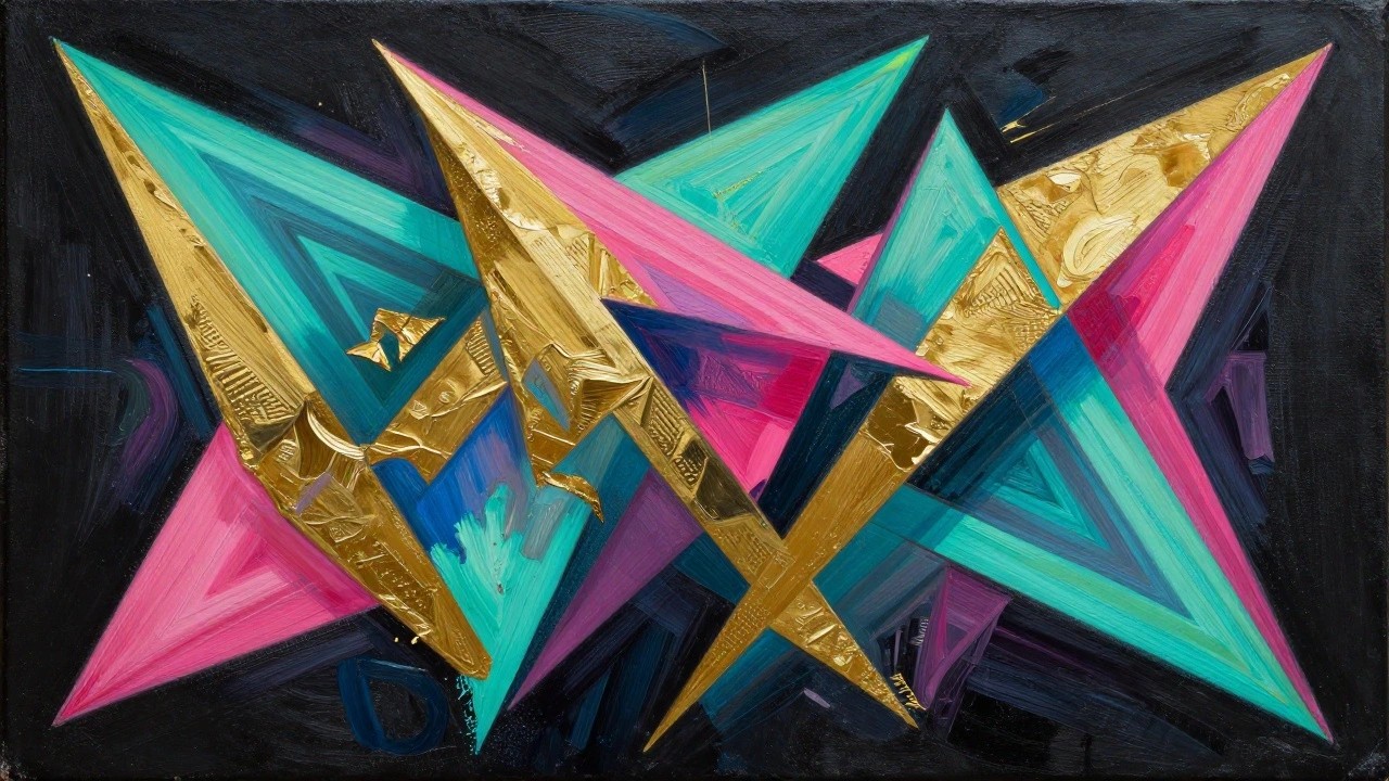 Abstract painting with bold X of thick gold, teal, pink, purple brushstrokes on black.