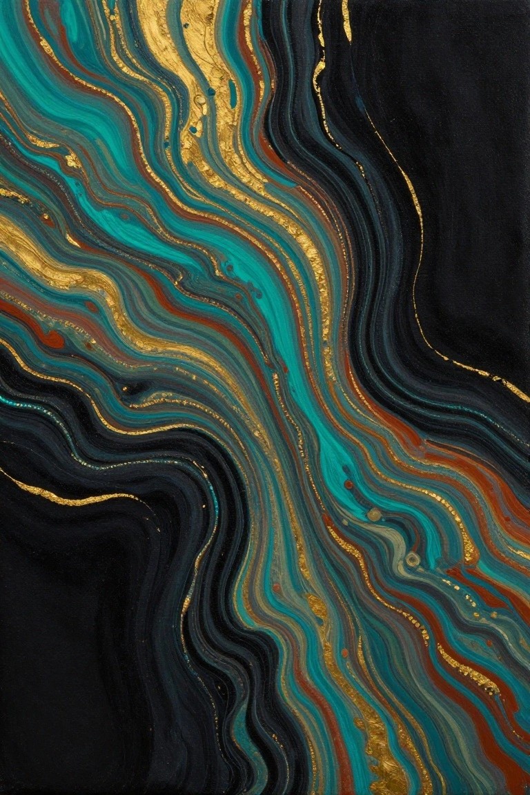 Abstract fluid art with swirling teal, blue, and gold streaks on black.