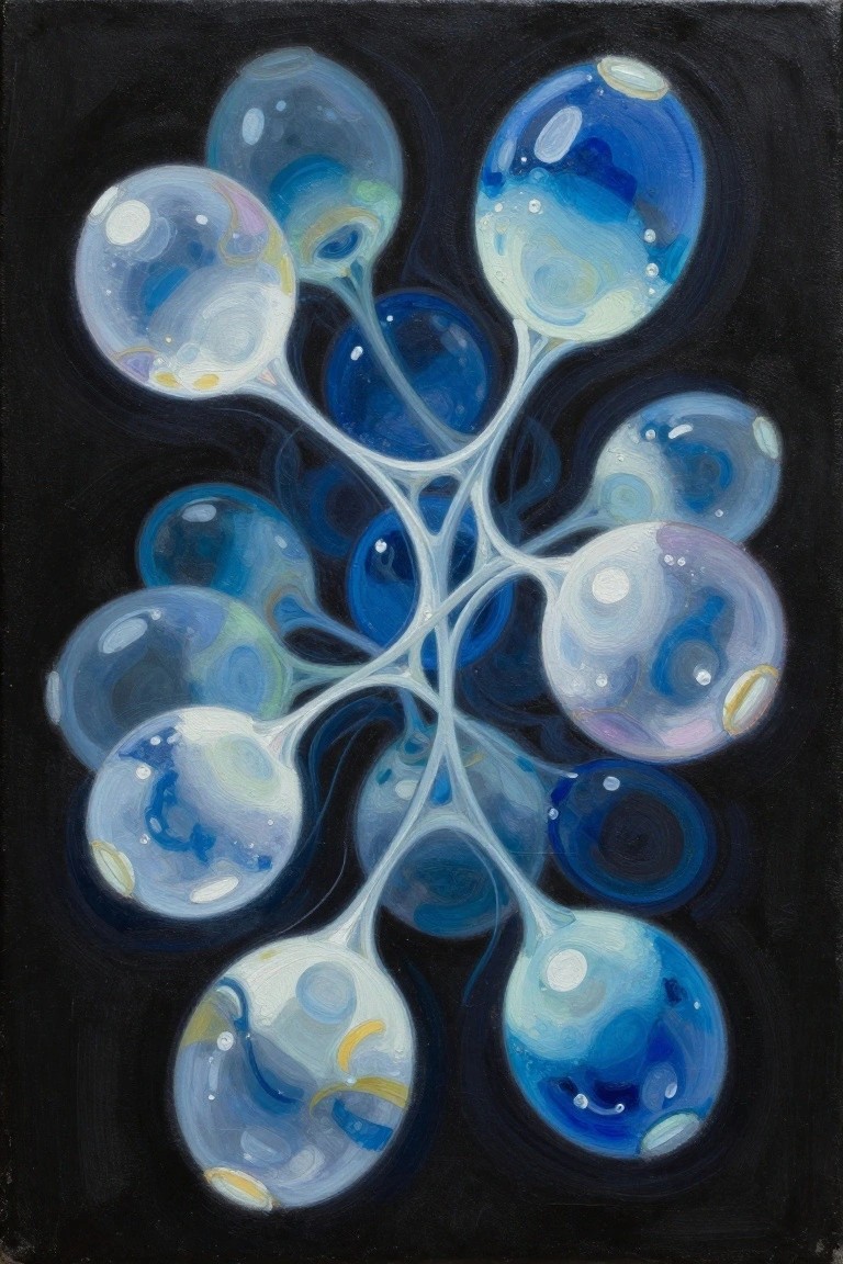 Abstract blue bubble forms linked by white tendrils on black background