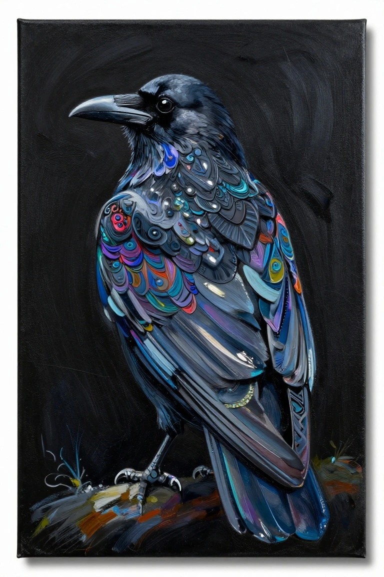 Stylized raven with vibrant swirling colorful patterns on dark background