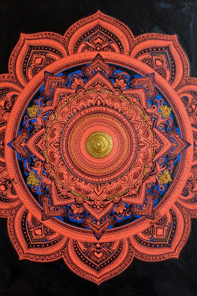 A detailed mandala painting with red outer layers, blue mid rings, and a gold center on a black background.