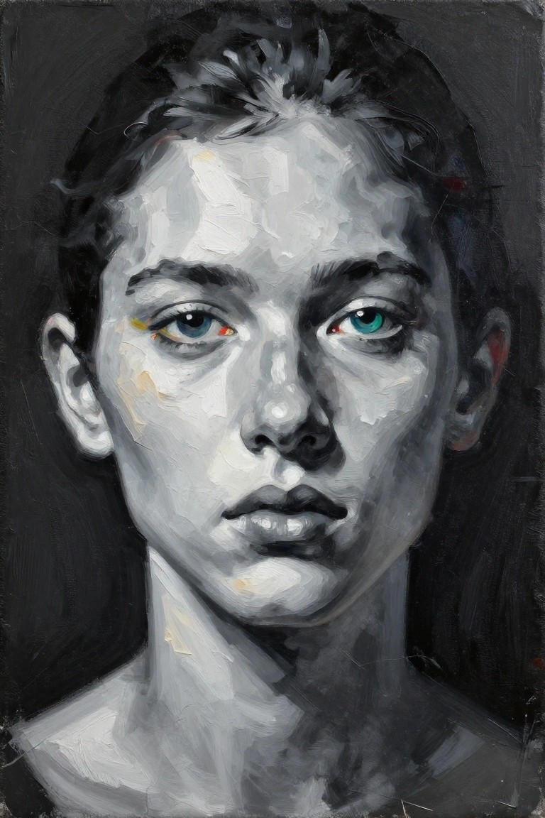 Close-up oil portrait of a woman with textured brushstrokes and vivid blue eyes
