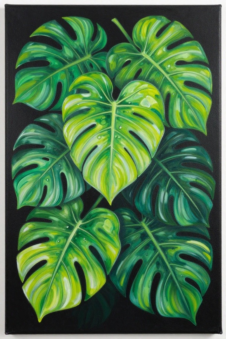 Vibrant green Monstera leaves with water droplets on black background.