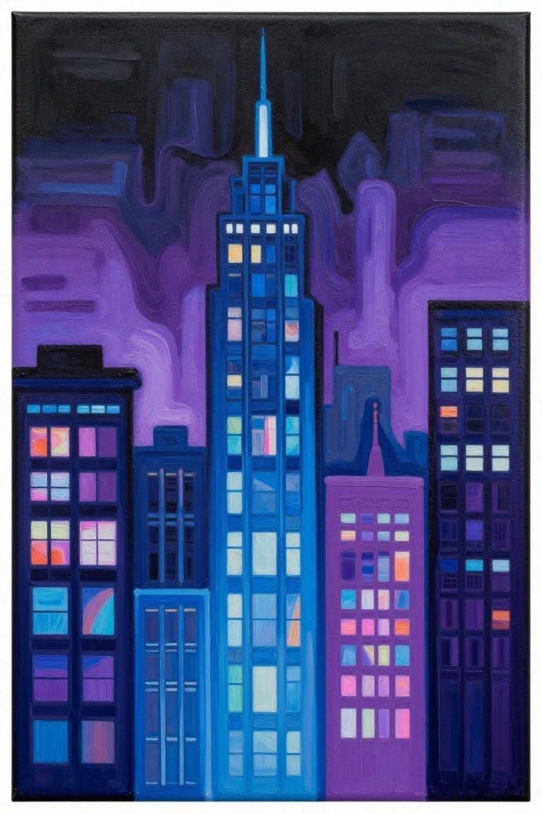 Stylized painting of blue skyscrapers with glowing windows against a purple night sky