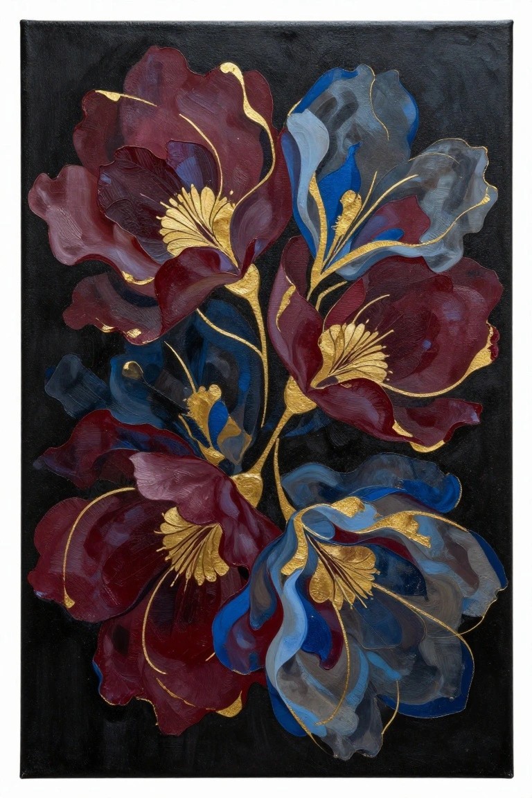 Abstract floral painting of maroon and blue flowers with gold accents on black.