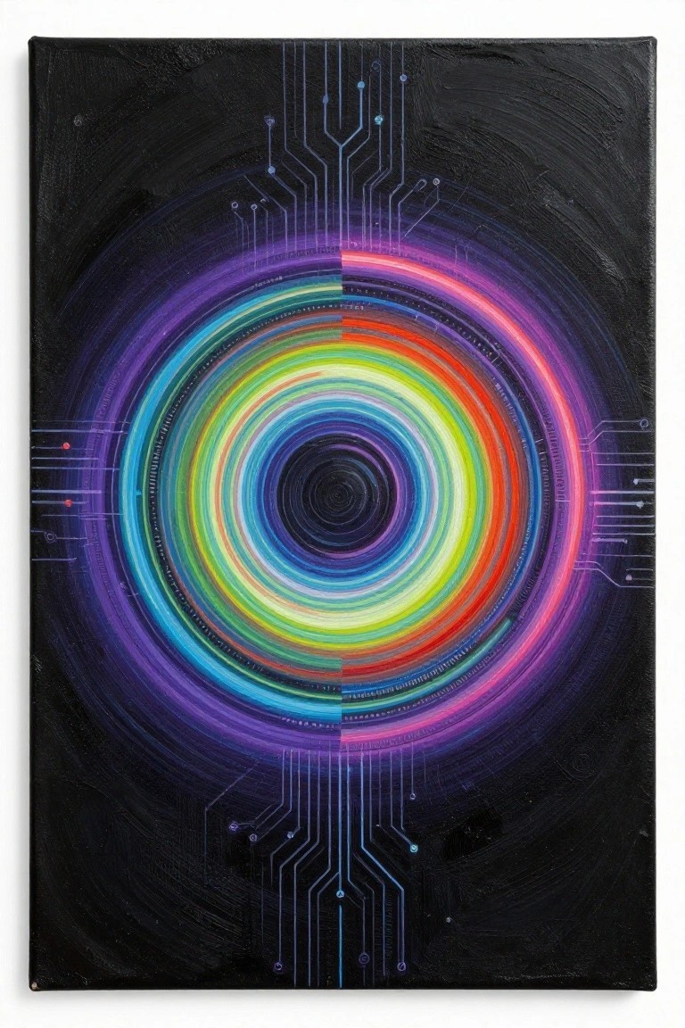 A black canvas with concentric rainbow circles and thin glowing circuit lines extending from the edges.