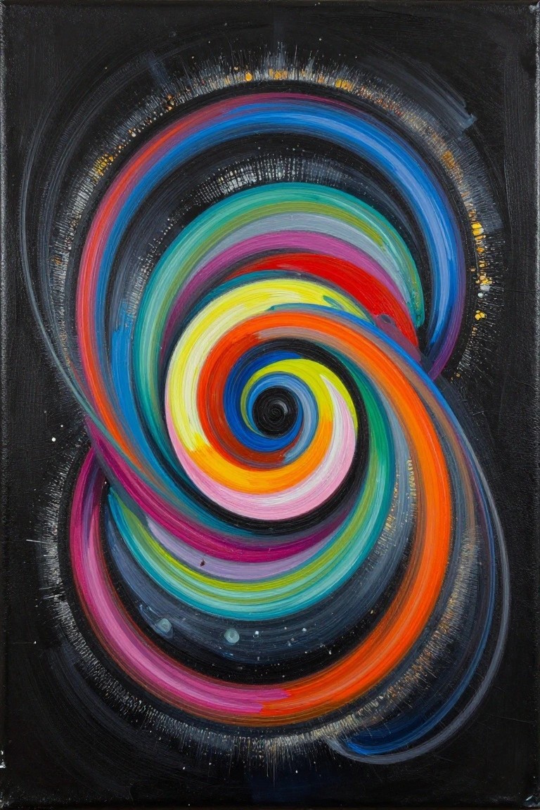 A colorful abstract painting of swirling concentric circles in rainbow hues on a black canvas with visible brushstrokes and paint splatters.