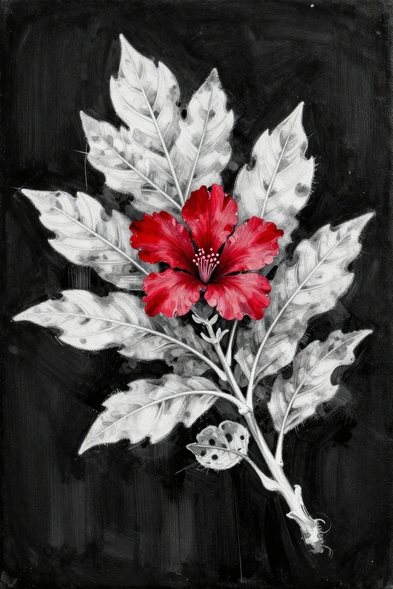 Red hibiscus flower with white leaves on black background.