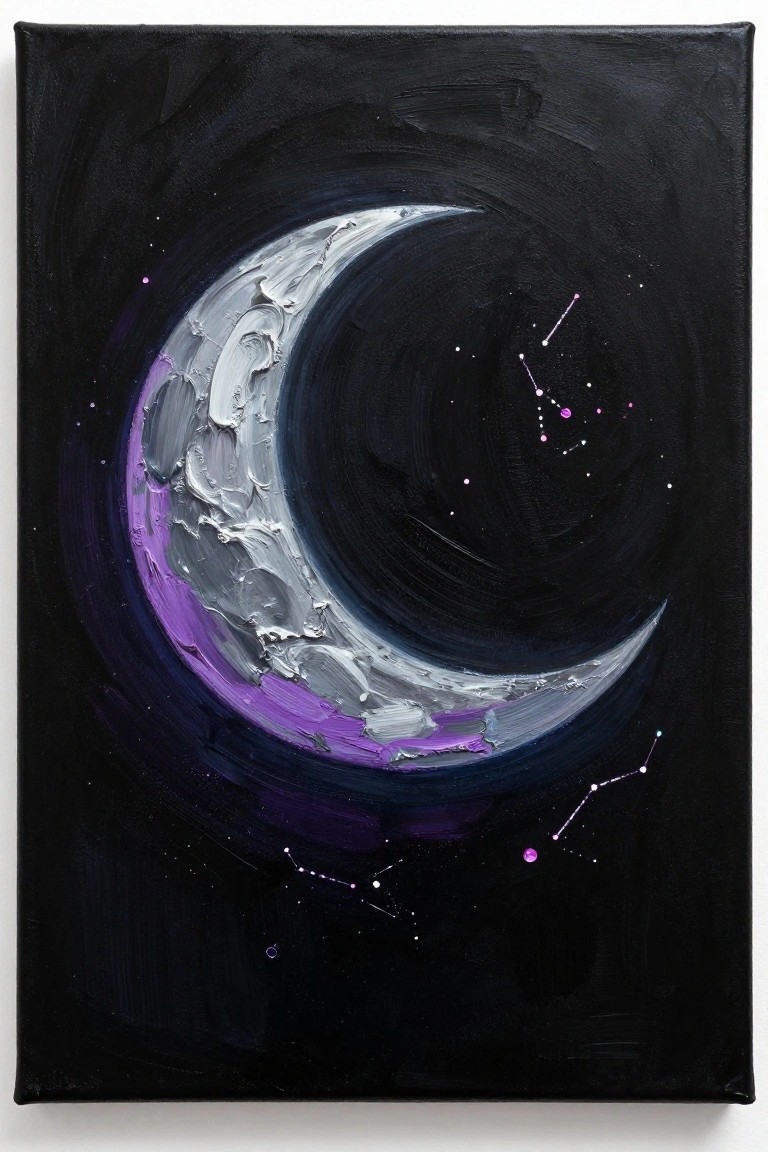 Textured crescent moon in white, purple, and blue on black starry sky with constellations