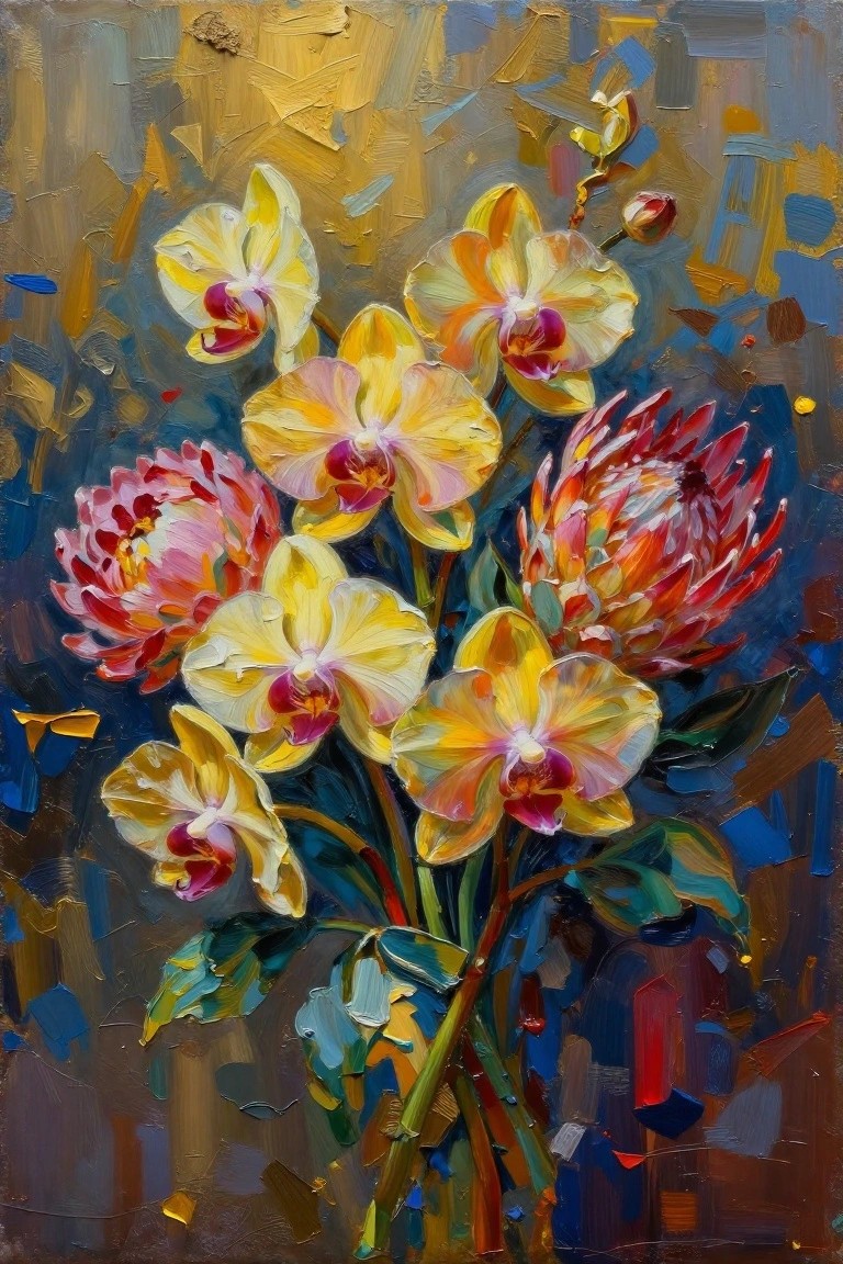 Vibrant impasto painting of yellow orchids, pink peonies, and red blooms.