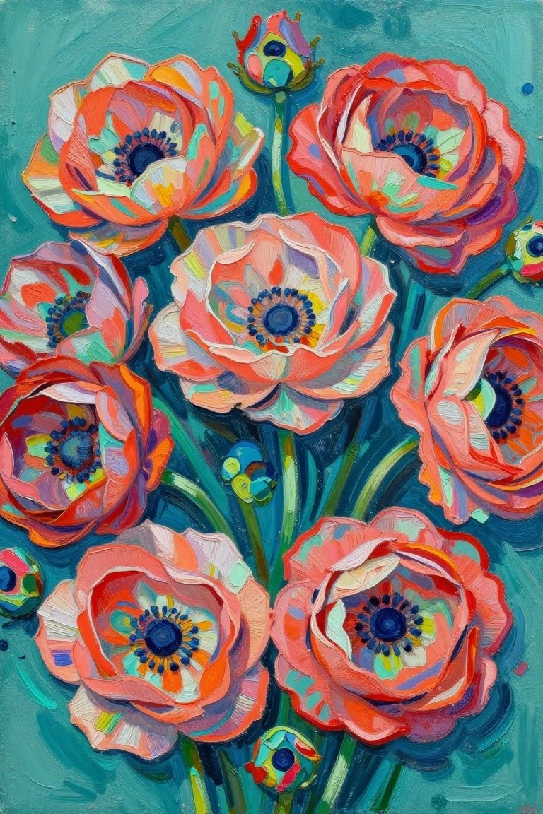 A painting of many overlapping colorful flowers with thick textured brushstrokes against a teal background.