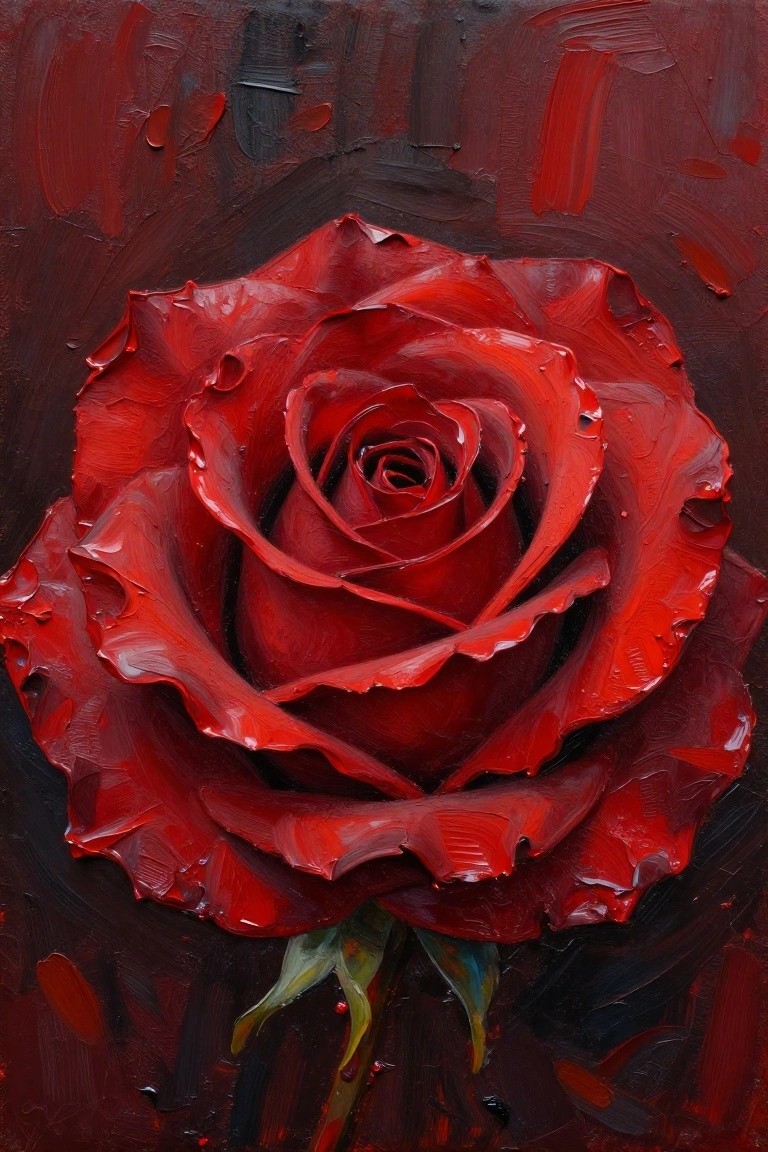Thickly textured red rose with layered petals and stem on dark painted background
