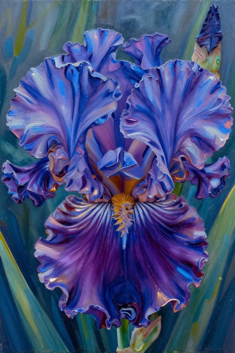Vibrant purple iris painting with ruffled blue-violet petals and yellow center
