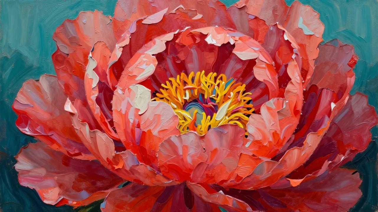 Vibrant pink peony bloom with yellow center and green leaves in impasto style