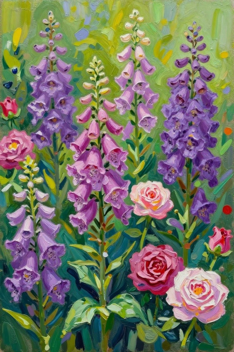 Vibrant painting of purple foxgloves and pink roses amid lush green foliage