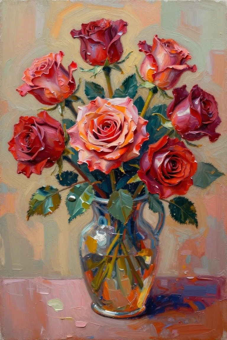 Vibrant oil painting of red and pink roses in a glass vase
