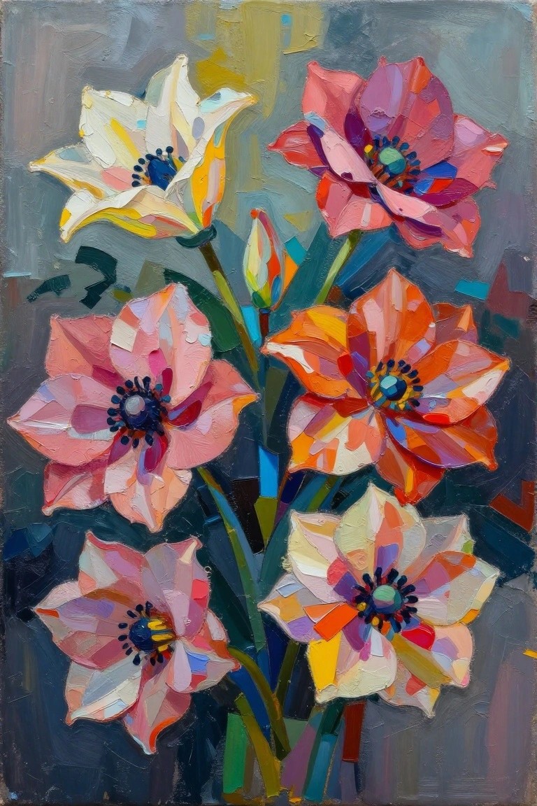 Vibrant impasto painting of pink, orange, and white anemones with dark centers.