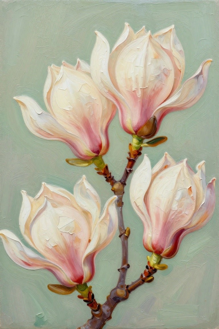 Oil painting of white magnolia blossoms with pink centers on a brown branch.
