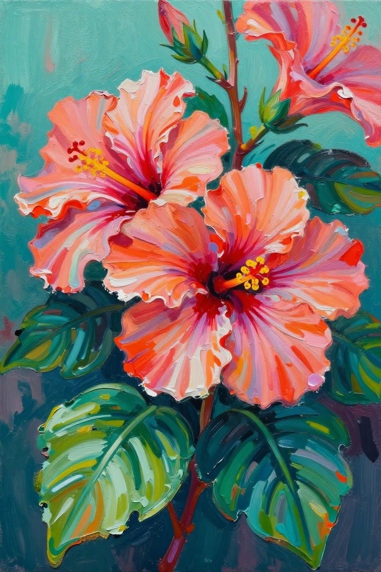 Vibrant pink-orange hibiscus flowers with green leaves against a teal painted background.