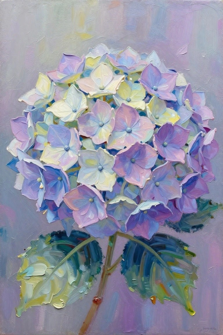 Pastel hydrangea blooms in purple, blue, and yellow with green leaves in oil painting.