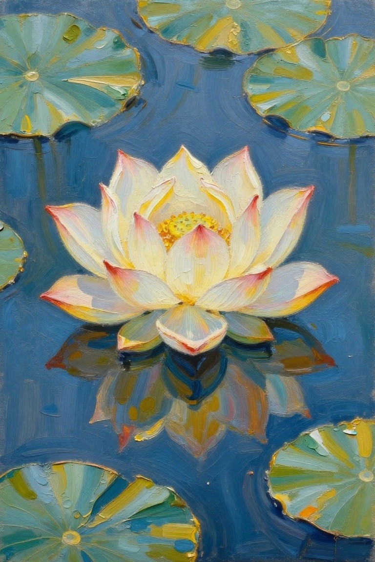 White lotus with pink-tipped petals reflected in blue water amid green lily pads
