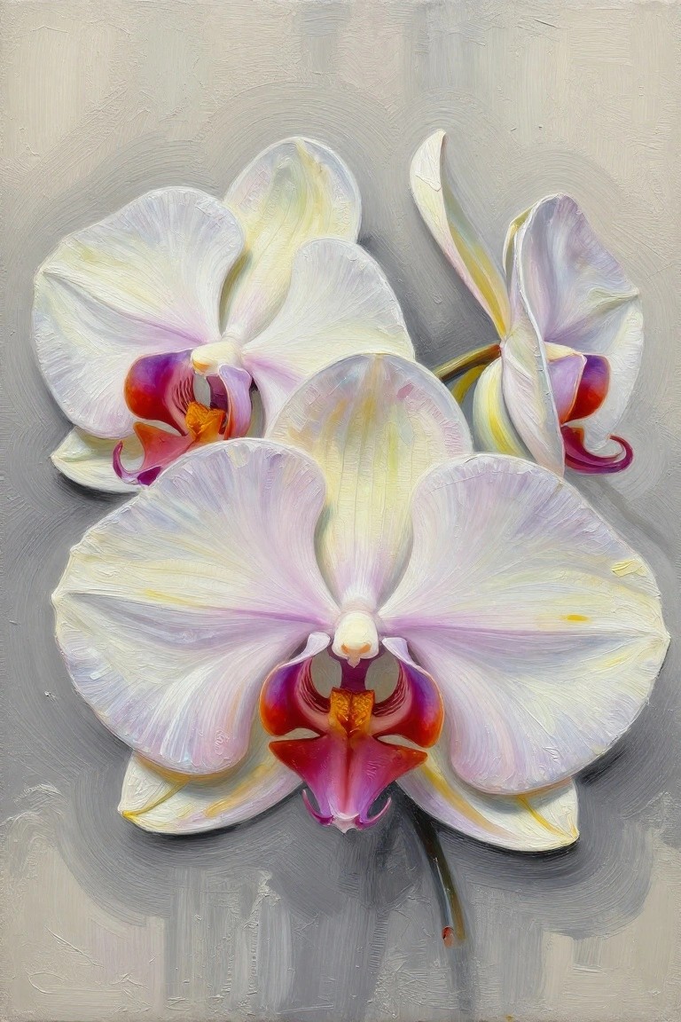 White orchids with purple-red centers on a textured gray background in oil paint