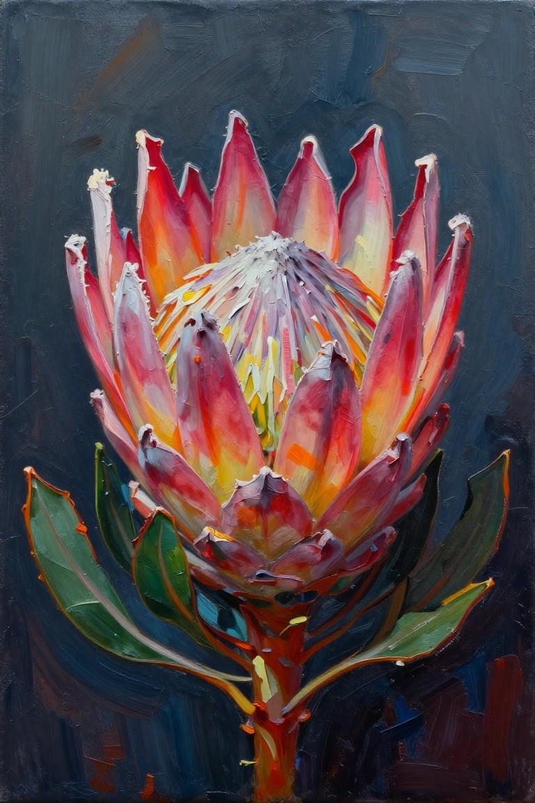 Vibrant impasto protea with red-orange petals and green leaves on dark background