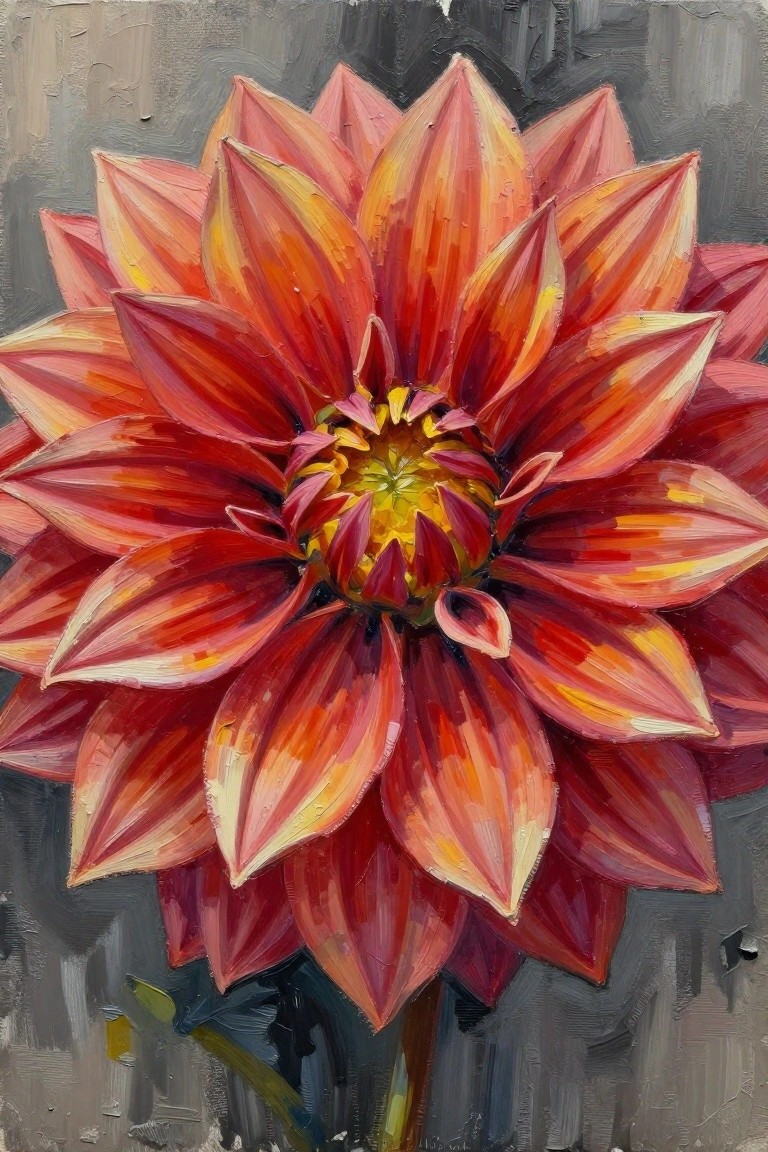 Vibrant red-orange dahlia bloom with yellow center, thick oil brushstrokes on gray background.