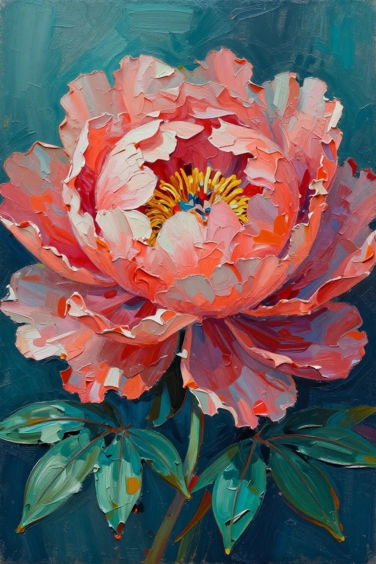 Vibrant pink peony bloom with yellow center and green leaves in impasto style