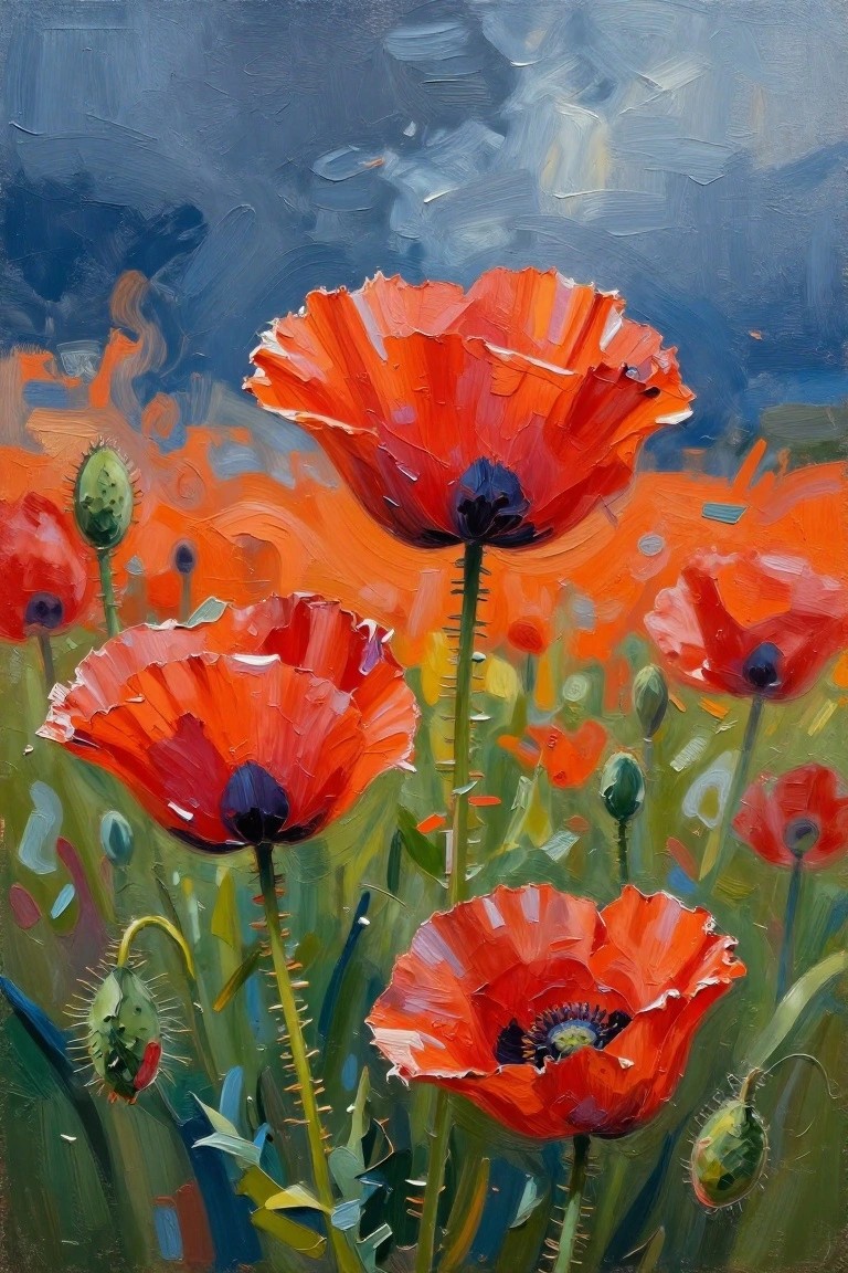 Vibrant red poppies with dark centers in a green field under blue sky