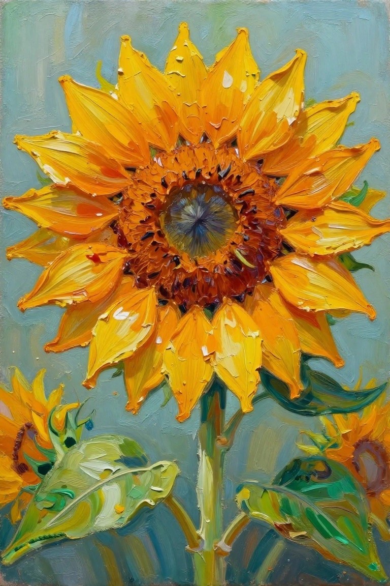 Vibrant yellow sunflower with thick impasto petals and blue-green background in oil painting.