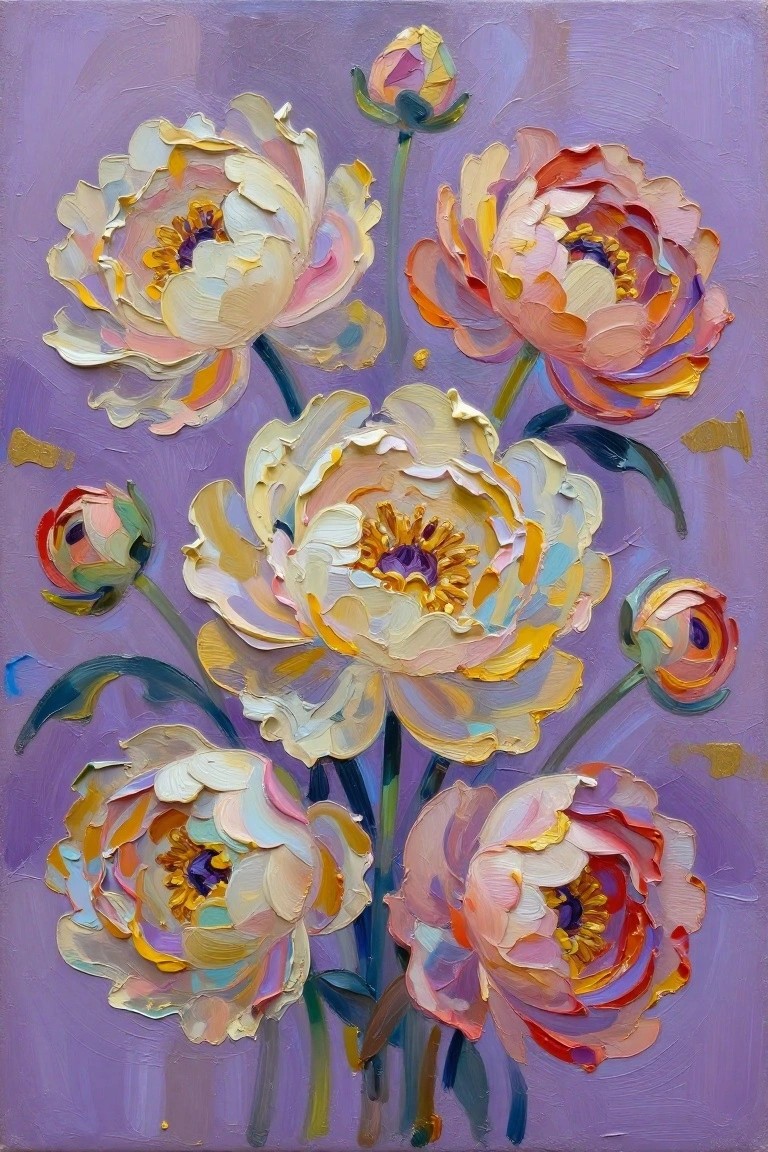 Vibrant impasto painting of pink, white, and orange peonies on purple background