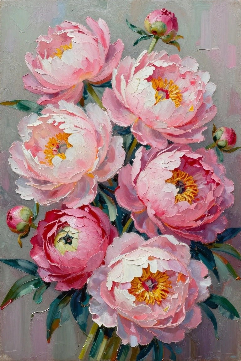 Oil painting of multiple pink peonies with yellow centers, buds, and green leaves against a muted gray background.