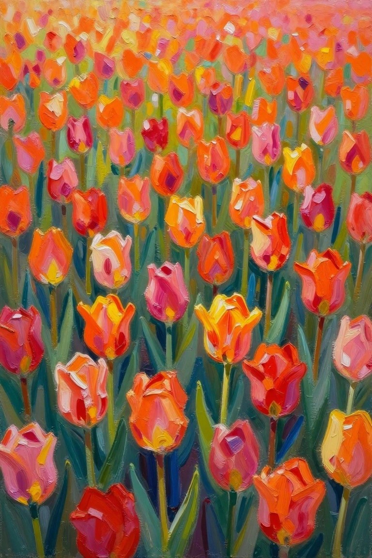Vibrant field of orange, pink, and red tulips with textured brushstrokes in oil painting style.